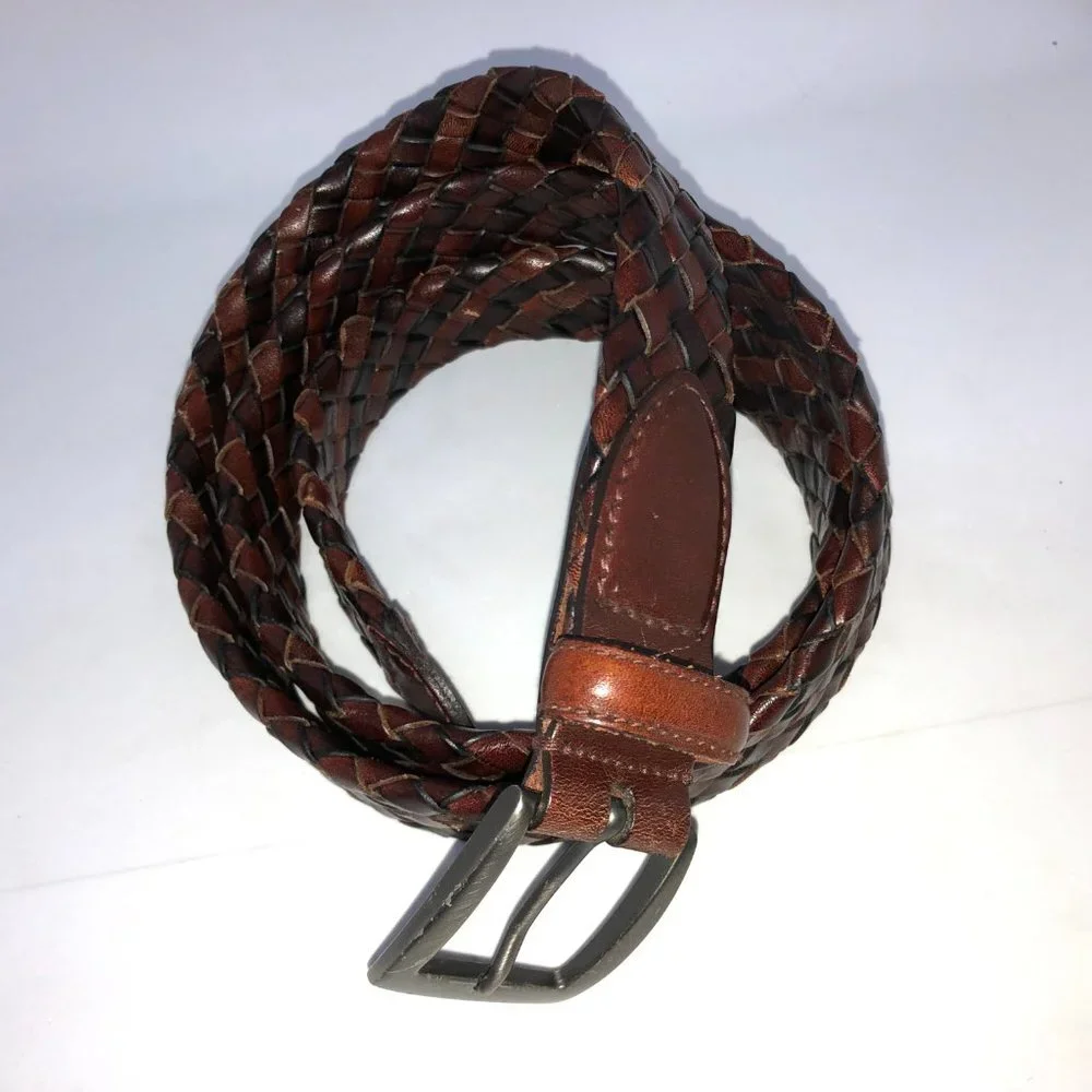 Brown Black 2-tone Leather Belt Weave Pattern Metal Buckle‎ 38/95